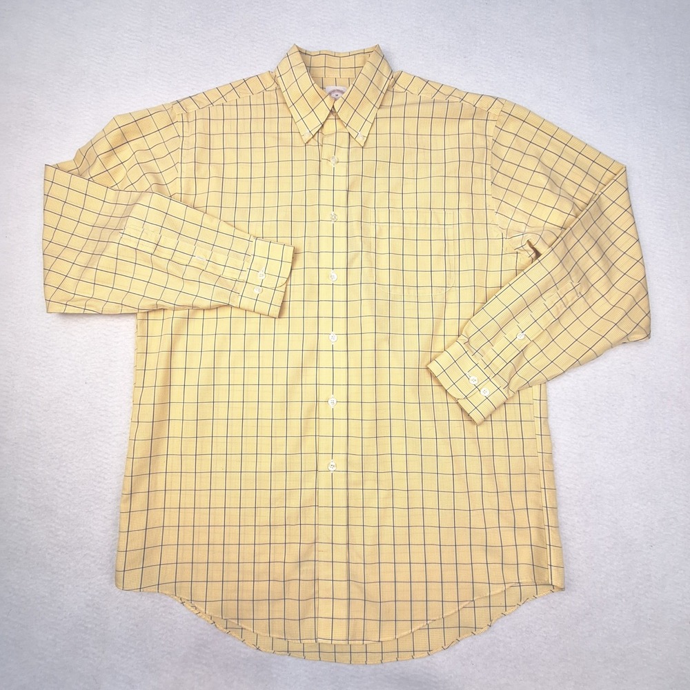 Brooks Brothers 346 Button Down Shirt Mens Medium Yellow Windowpane Non-Iron